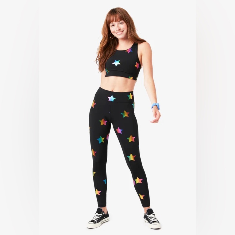 GUC Terez UpLift Leggings in Black Rainbow Star Foil with Tall Band